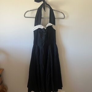 Classic Black Halter Dress with White Polka Dot Trim